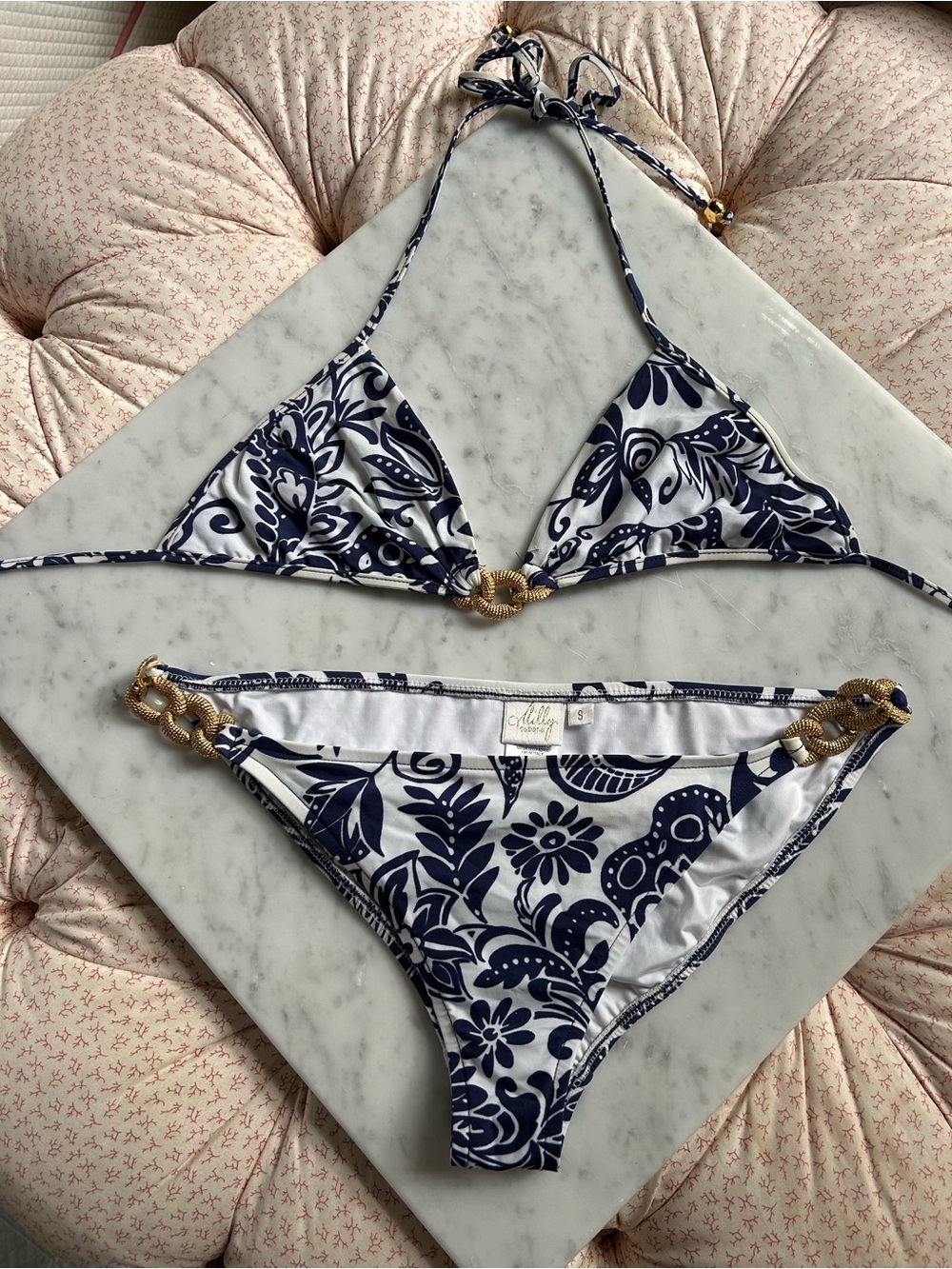 Milly Cabana Navy Blue and White Floral Bikini with Gold Details Size S